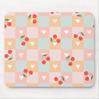 Pastel Cherry and Heart Chequered Pattern Mouse Pad