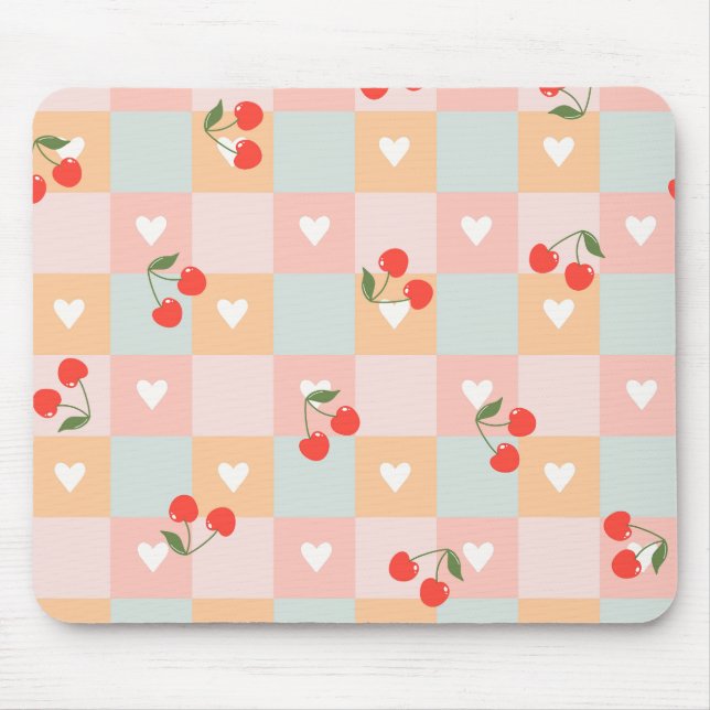 Pastel Cherry and Heart Chequered Pattern Mouse Pad (Front)