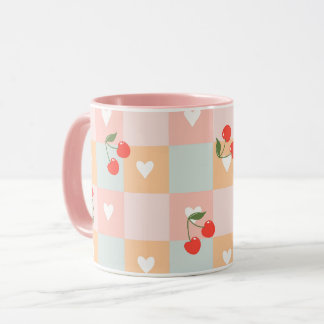 Pastel Cherry and Heart Chequered Pattern Mug