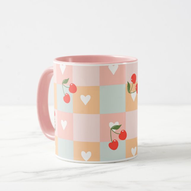 Pastel Cherry and Heart Chequered Pattern Mug (Front Left)