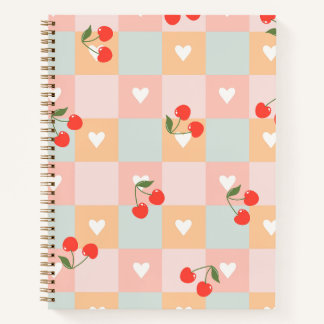 Pastel Cherry and Heart Chequered Pattern Notebook