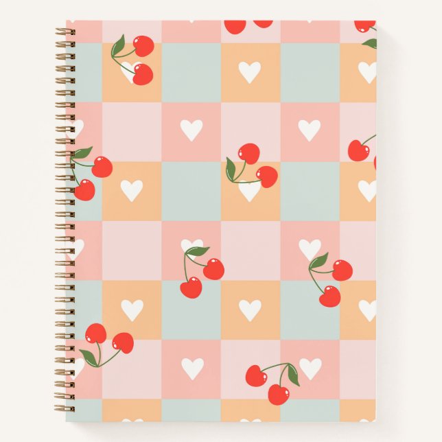 Pastel Cherry and Heart Chequered Pattern Notebook (Front)