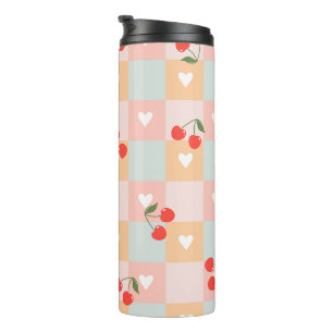 Pastel Cherry and Heart Chequered Pattern Thermal Tumbler