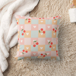 Pastel Cherry and Heart Chequered Pattern Throw Pillow