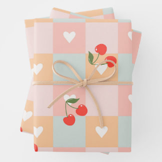 Pastel Cherry and Heart Chequered Pattern Wrapping Paper Sheet