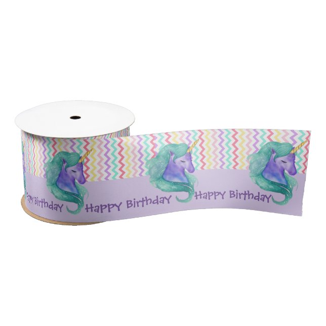 Pastel Chevron Magical Unicorn Birthday Gift Wrap Satin Ribbon (Spool)