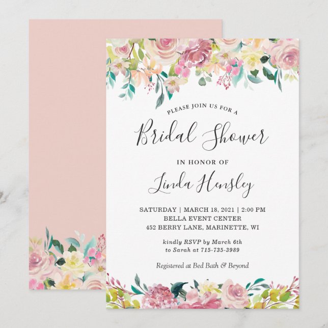 Pastel Chic Blush Floral Spring Bridal Shower Invitation (Front/Back)