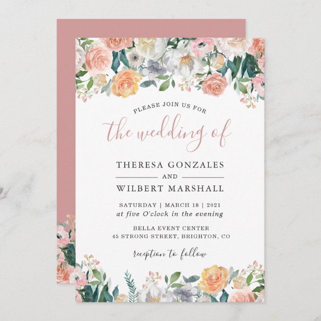 Pastel Chic Dusty Rose Bloom Floral Wedding Invitation (Front/Back)