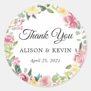 Pastel Chic Floral Wreath Wedding Favour Thank You Classic Round Sticker