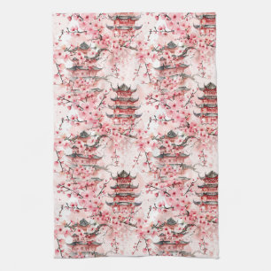 Pastel Chinese Pagoda Cherry Blossom Landscape Kitchen Towel