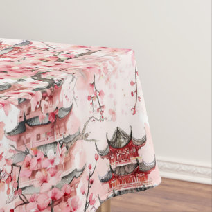 Pastel Chinese Pagoda Cherry Blossom Landscape Tablecloth