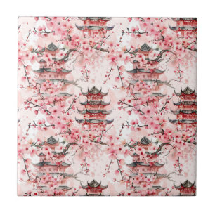 Pastel Chinese Pagoda Cherry Blossom Landscape Tile