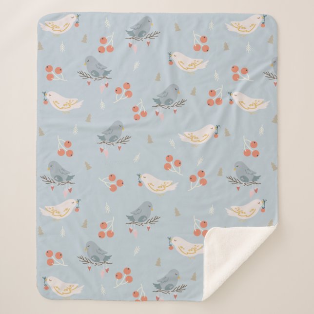 Pastel Christmas Birds Seamless Pattern Sherpa Blanket (Front)