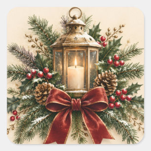 Pastel Christmas Greeting, Cozy Candle, Ribbon Square Sticker