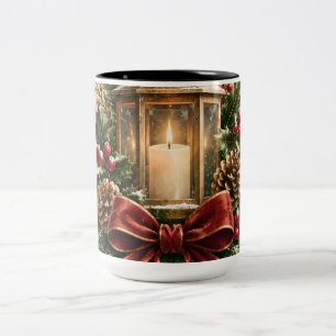 Pastel Christmas Greeting, Cozy Candle, Ribbon Two-Tone Coffee Mug