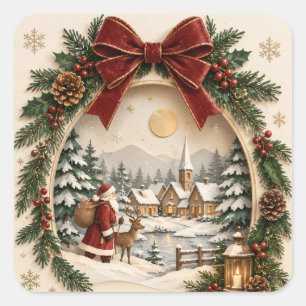 Pastel Christmas Greeting, Santa Claus and snowy Square Sticker