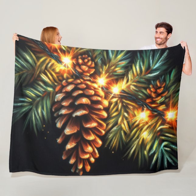 Pastel Christmas Holiday String Light Pinecone Fleece Blanket (In Situ)
