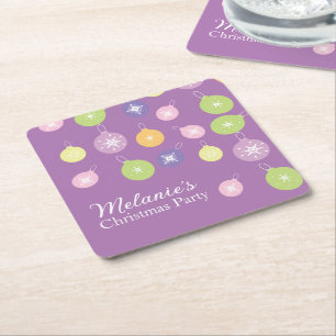 Pastel Christmas Ornaments Snowflakes Violet Square Paper Coaster