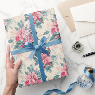 Pastel Christmas Poinsettia Holiday Pattern Wrapping Paper