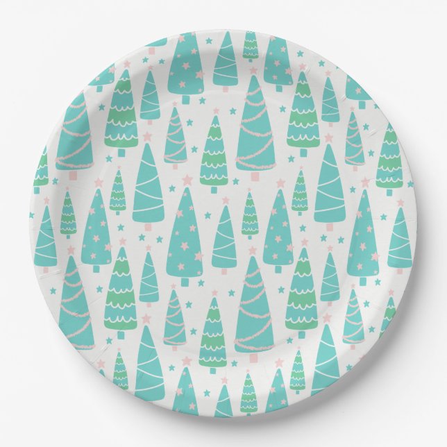 Pastel Christmas Tree Forest Paper Plate (Front)