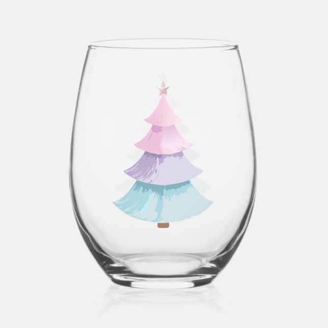 Pastel Christmas Tree Stemless Wine Glass (Front)