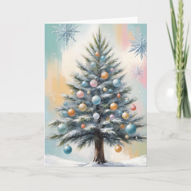 Pastel Christmas Tree with Ornaments and Snowflake Holiday Card (Front)