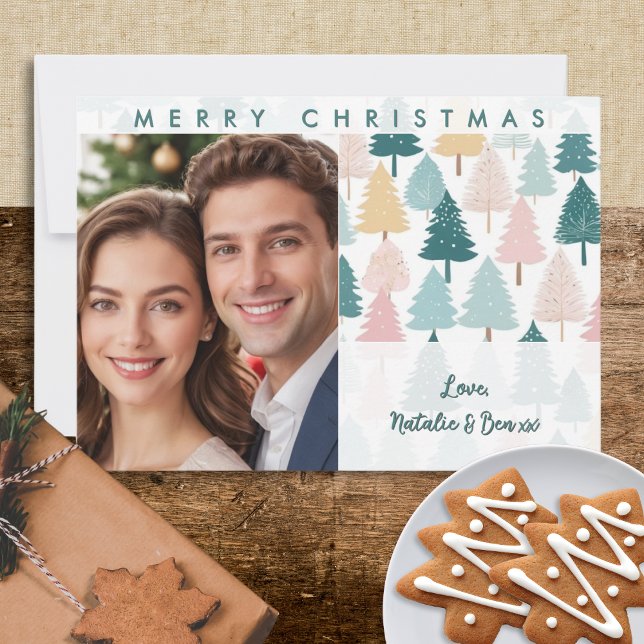 Pastel Christmas Trees Pattern Custom Photo Holiday Card (An elegant Christmas card with pastel pine trees design, customizable with a photo and name(s))