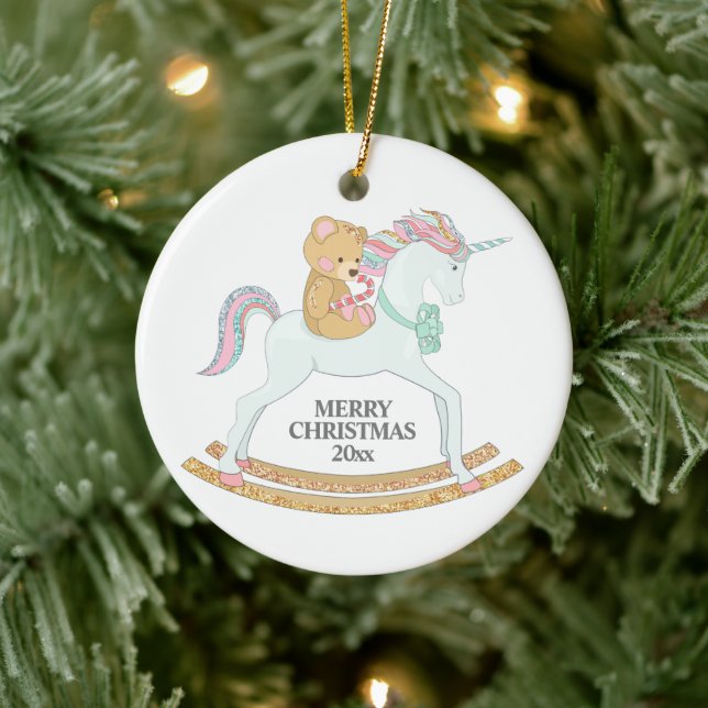 Pastel  Christmas Unicorn Rocking Horse on White Ceramic Ornament (Tree)