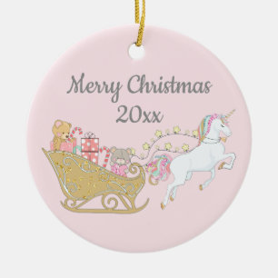 Pastel Christmas Unicorn Santa's Sleigh Pink Ceramic Ornament