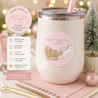 Pastel Christmas Unicorn Santa's Sleigh Pink Classic Round Sticker