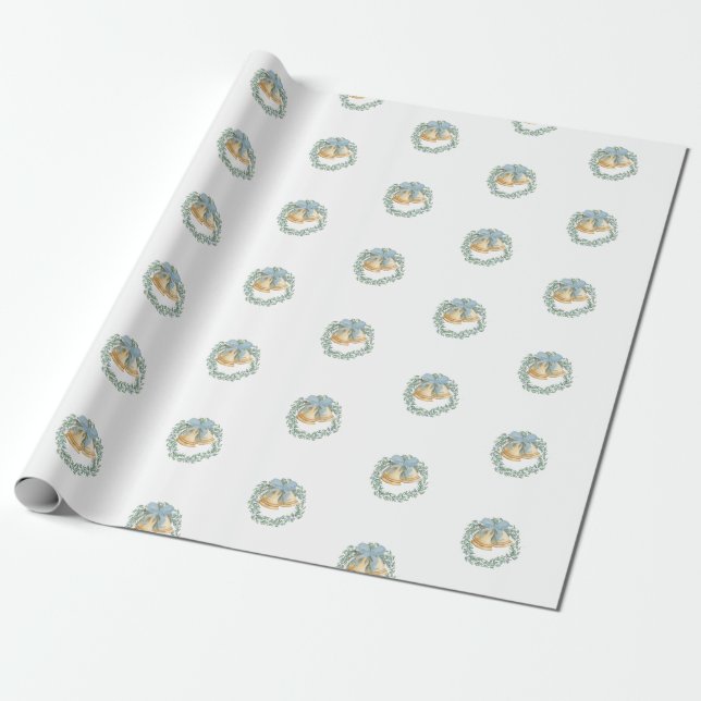 Pastel Christmas Wreath Blue Bow Gift Wrapping Paper (Unrolled)