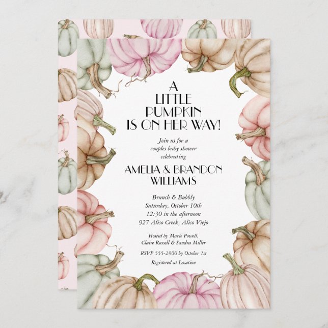 Pastel Citrouilles Fille bébé Douche Invitations (Devant / Derrière)