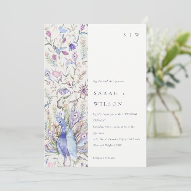 Pastel Classy Ornate Watercolor Peacock Wedding Invitation (Standing Front)