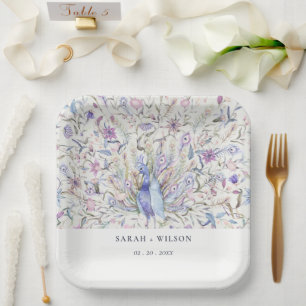 Pastel  Classy Ornate Watercolor Peacock Wedding Paper Plate