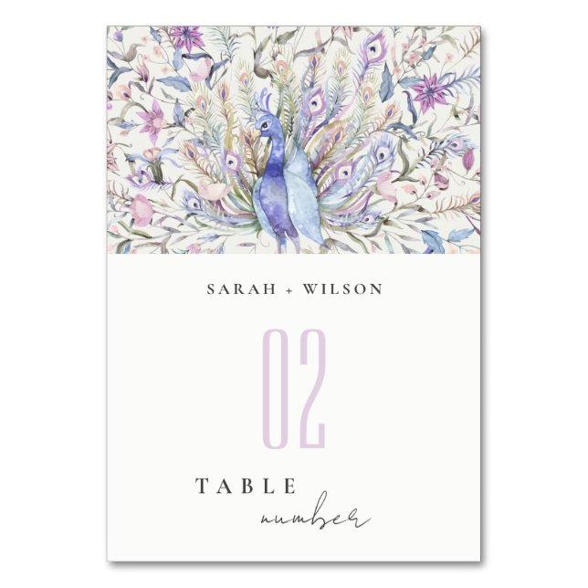 Pastel Classy Watercolor Floral Peacock Wedding Table Number (Front)