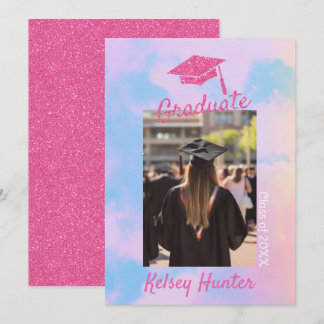 Pastel Clouds Graduation Era Lover Pink Glitter Announcement