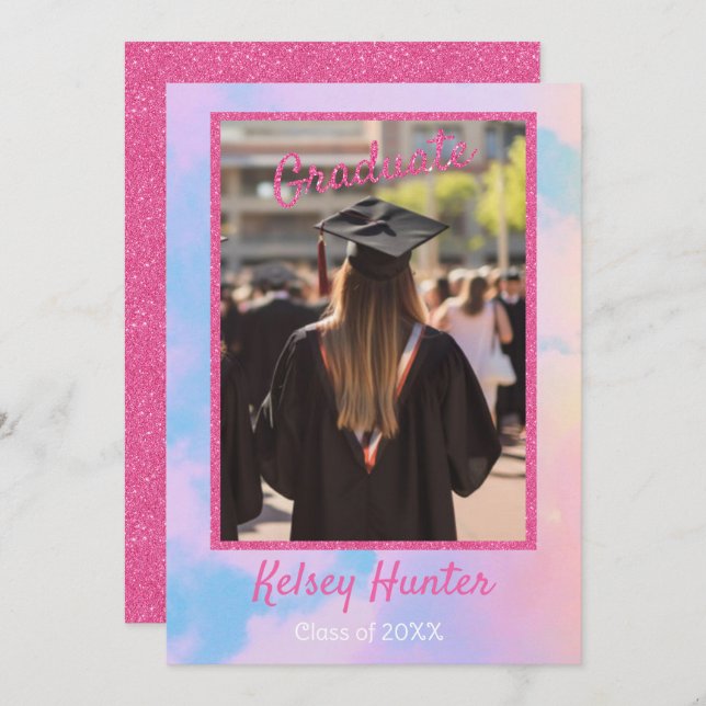 Pastel Clouds Graduation Era Lover Pink Glitter Announcement (Front/Back)