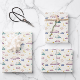 Pastel Clouds / Stars / Moons on Ivory Wrapping Paper Sheet