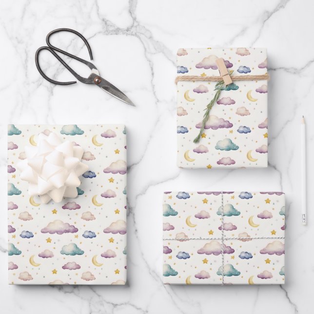 Pastel Clouds / Stars / Moons on Ivory Wrapping Paper Sheet (Front)