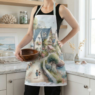 Pastel Coastal Cottage Village Escape Apron