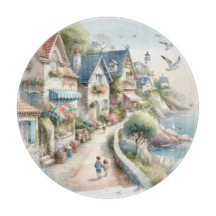 Pastel Coastal Cottage Village Escape Cutting Board