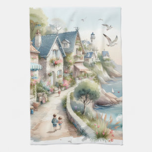 Pastel Coastal Cottage Village Escape Kitchen Towel