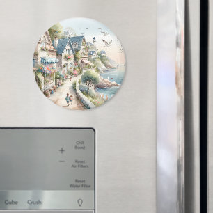 Pastel Coastal Cottage Village Escape Magnet