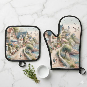 Pastel Coastal Cottage Village Escape Oven Mitt & Pot Holder Set