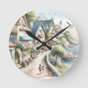 Pastel Coastal Cottage Village Escape Round Clock