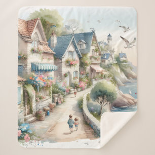 Pastel Coastal Cottage Village Escape Sherpa Blanket