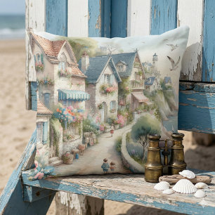 Pastel Coastal Cottage Village Escape Throw Pillow