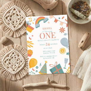 Pastel coloré Doodle 1er Anniversaire Invitation