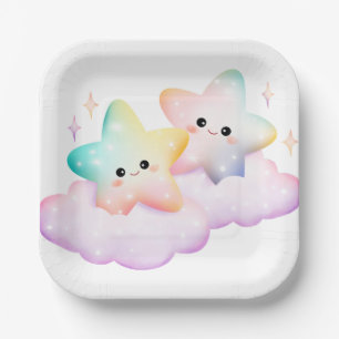 PASTEL COLORED SMILING STAR AND CLOUDS PAPER PLATE
