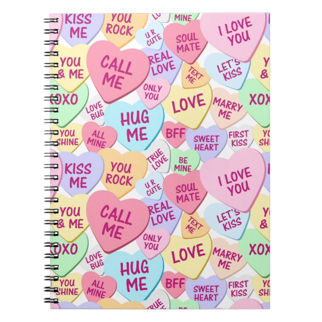 PASTEL COLORED VALENTINE CONVERSATION HEARTS NOTEBOOK (Front)